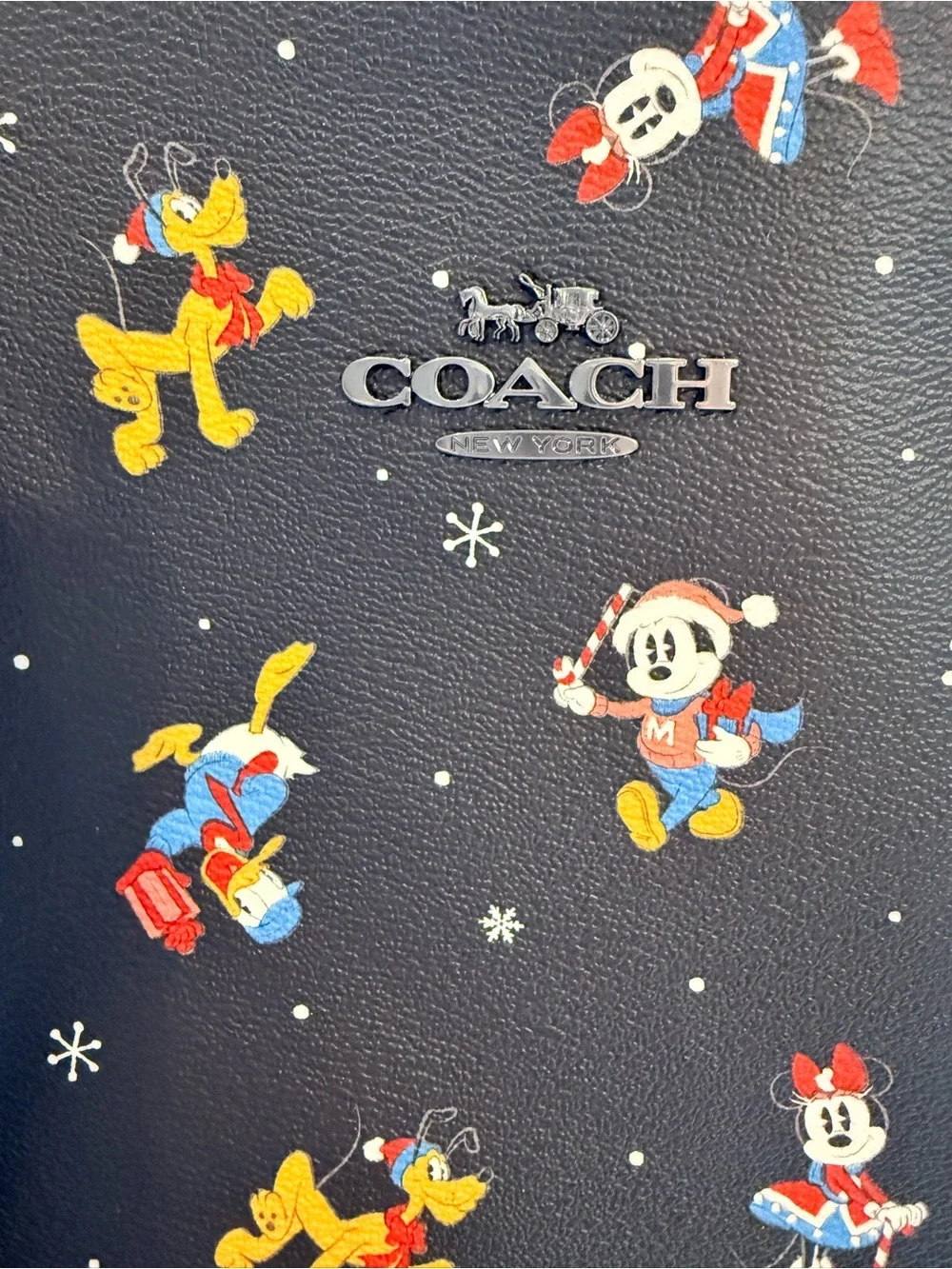 Coach X Disney Black Leather Gallery Tote with Disney Christmas Character Print